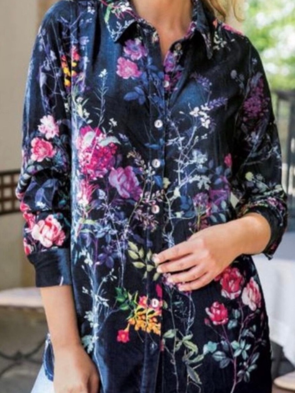 Soft Surroundings Floral Button-Front Velvet Blouse